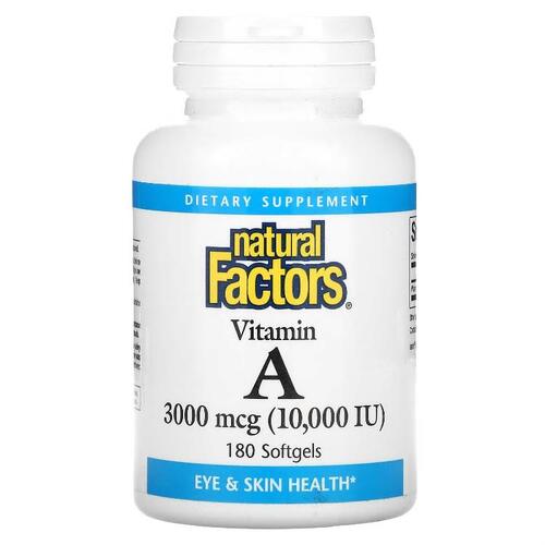 Natural FACTORS 네츄럴 펙터스, 비타민A, 3,000MCG 10,000IU , 소프트젤 180정