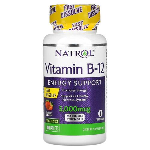 네트롤 Natrol, 비타민 B 12, 빠른 용해, 최대 강도, 딸기, 5,000 mcg, 100 정
