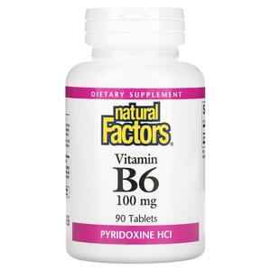 Natural FACTORS 네츄럴 펙터스, 비타민B6, 피리독신 HCl, 100mg, 90정