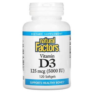 Natural FACTORS 네츄럴 펙터스, 비타민 D3, 125MCG 5,000 IU , 소프트젤 120정