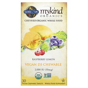 가든 오브 라이프 Garden of Life, MyKind Organics, 비건 D3, 라즈베리 레몬, 50MCG 2,000IU , 츄어블 베지 정제 30정