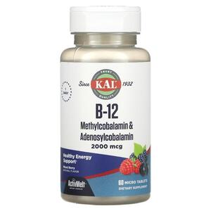KAL, B 12 메틸코발라민 아데노실코발라민, 혼합 베리, 2,000mcg, 마이크로정 60정