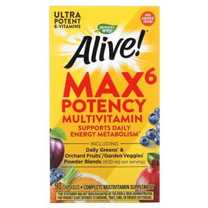 네이쳐스 웨이 Natures Way, ALIVE Max6 Potency 종합비타민, 철분 무함유, 캡슐 90정