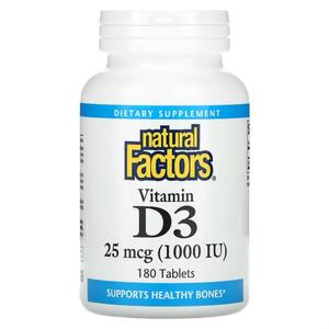 Natural FACTORS 네츄럴 펙터스, 비타민D3, 25MCG 1,000IU , 180정
