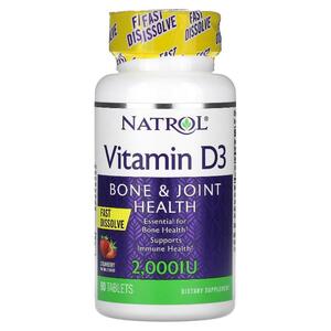 네트롤 Natrol, 비타민D3, 뼈 및 관절 건강 증진, 딸기, 2,000IU, 90정
