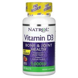 네트롤 Natrol, 비타민D3, 뼈 및 관절 건강 증진, 딸기, 5,000IU, 90정