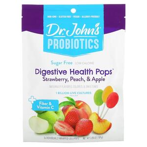 Dr. Johns Healthy Sweets, 프로바이오틱, Digestive Health Pops, 섬유소 및 비타민C 함유, 딸기 맛, 복숭아 맛 및 사과 맛, 무설탕, 10억